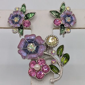 Avon Strass Akzent Blume Brosche Clip auf Ohrringe Set 2000 rosa grün Emaille - Bild 1 von 20