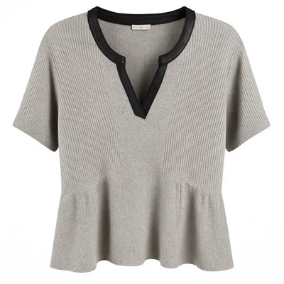 Top tejido gris THML dobladillo peplum imitación cuero escote manga Dolman talla M para mujer Foto 1 de 4