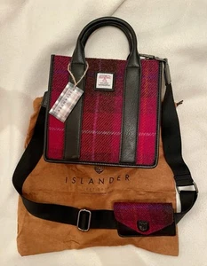 Ladies Islander Harris Tweed Fushia Black Tartan Mix Tote Bag & Matching Purse - Picture 1 of 18