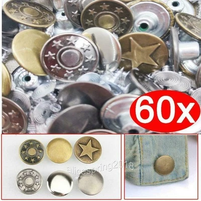 60 Set Jeansknöpfe Metallknöpfe für Jeans 6 Designs Druckknöpfe Knopf nähfrei - Bild 1 von 4