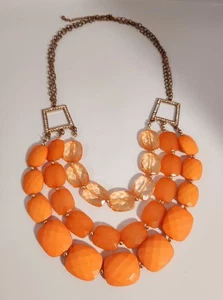 Vintage Necklace Orange Bead Rinestone Three Stands  Big Chunky Costume Jewelry  - Picture 1 of 14