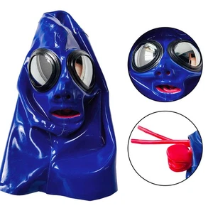 Dark Blue Latex Hood w/ Sunglasses Nasal tube Teeth Gag Rubber Mask Fetish 0.4mm - Foto 1 di 9