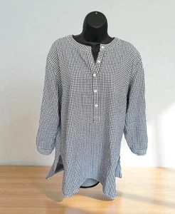 Madison Mathews Gingham Plaid Tunic Blouse Women’s Sz Lg Navy Blue EUC - Picture 1 of 6