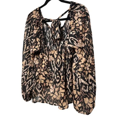By Together Floral Print Black Beige Long Sleeve Tie Neck Top Women's Sz Medium - Image 1 of 4