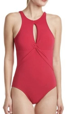 Nuevo con etiquetas Traje de baño Robin Piccone talla 10 Ava cuello alto ojo de cerradura de una pieza en rojo rubí Foto 1 de 4