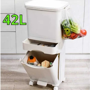 42 Litre Mobile Recycling Pedal Bin Twin 3 Compartment Kitchen Rubbish Waste C3 - Picture 1 of 5