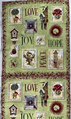 Birds & Berries Love Joy Hope Peace Green Fabric 46" x 44" Cotton - Image 1 of 4