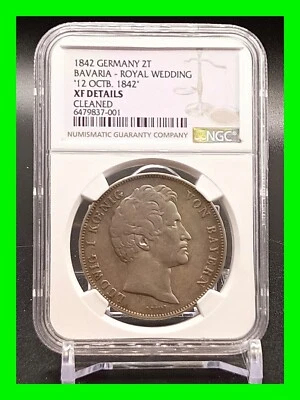 1842 German States BAVARIA Ludwig I 2 Thaler Royal Wedding NGC Certified Graded  - Image 1 of 4