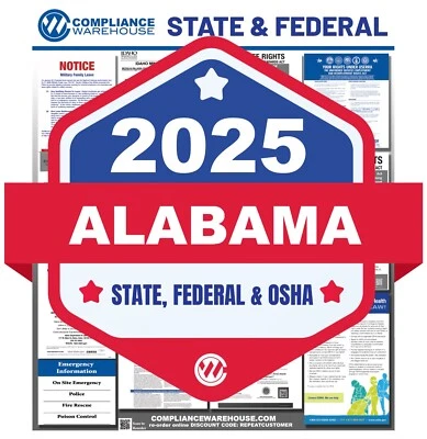 COMPLIANCE WAREHOUSE 2025 Alabama AL State/Federal Labor Law All In1 Compliance Poster Paper/Laminate