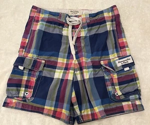 Abercrombie & Fitch Mens L Board Shorts Trunk Blue Pink Plaid Cargo Pockets - Picture 1 of 11