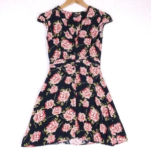 Topshop Floral Mini Dress Fit And Flare Cap Sleeve 4 Black Pink Cottagecore Boho - Picture 1 of 8