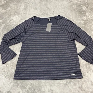 Jones New York Women's Plus Size 2X Striped Shirt Long Sleeve Navy Blue Silver - Picture 1 of 9