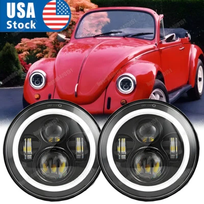 For 1950-1979 VW Beetle Pair 7" Inch Round LED Headlights Hi/Low Beam Halo DRL - Image 1 of 4