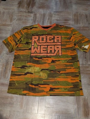 Camiseta Rocawear Clásica 2XB Camuflada Naranja Verde Estampado Completo Logo Grande Estilo Y2K Foto 1 de 4