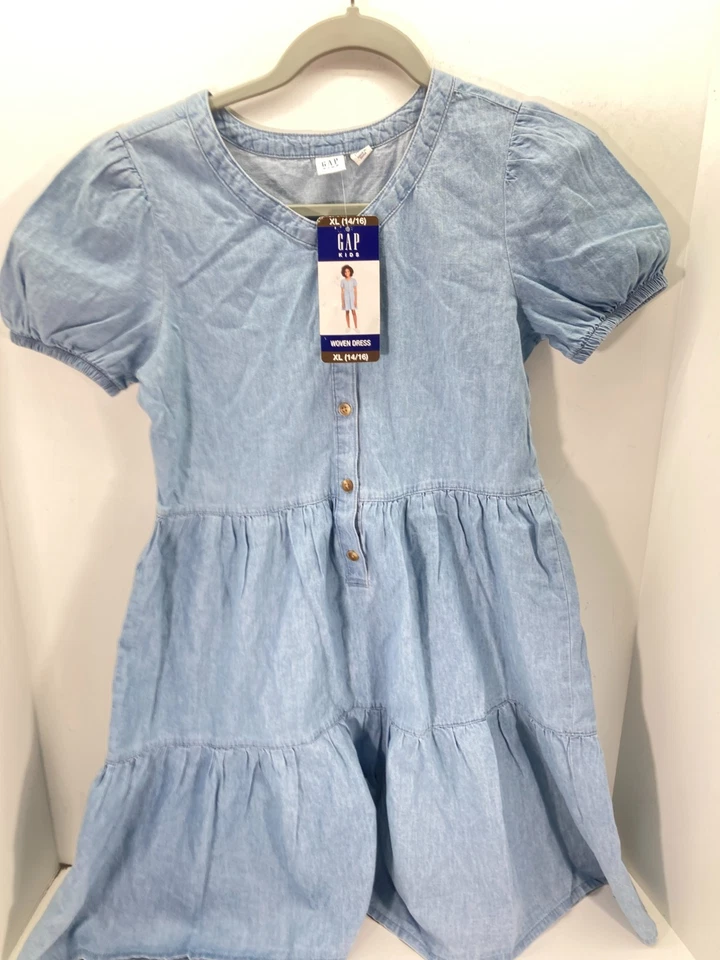 Gap Chambray Fit & Flare Dress Girls X-Large Blue Woven Button Front Layer