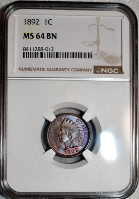 NGC MS-64 BN 1892 Indian Head Cent, Beautifully Toned specimen! - Image 1 of 2