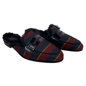 J. CREW Academy Navy Burgundy Satin Silk Striped Faux Fur Mules Women’s Sz 6.5 - Picture 1 of 11