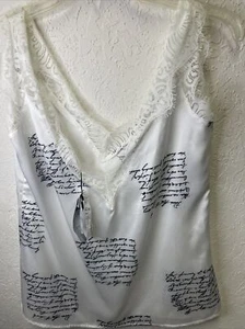 Top camisero Sheshow para mujer con ribete de encaje cuello en V blanco negro palabras talla S pestañas encaje - Imagen 1 de 9