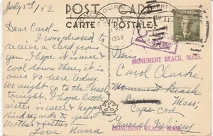U.S. 'Canada Re-directed PPC w/ Postage Due' To: Monument Beach, Mass. "1952" - Imagen 1 de 2