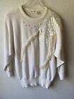 Vintage 80&#39;s MAORI BEE Sweater L Large Oversized White Ivory Pearls Fur Beaded