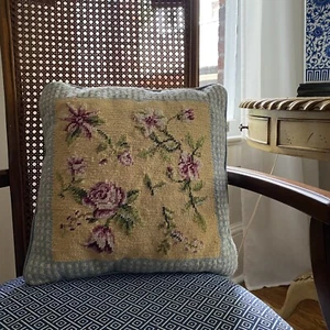 Vintage Needlepoint Petit Point Roses Floral Pillow 12 x 12 Shabby Chic Cottage - Picture 1 of 6
