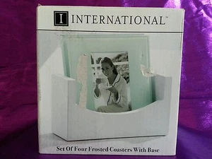 Glass frosted coasters set of 4 with white Wood Base new in box. - Picture 1 of 9