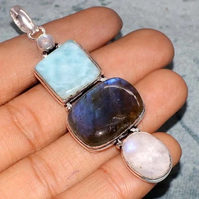 Long Fiery Labradorite Larimar 925 Silver Plated Gemstone Pendant 3" GW - Image 1 of 3