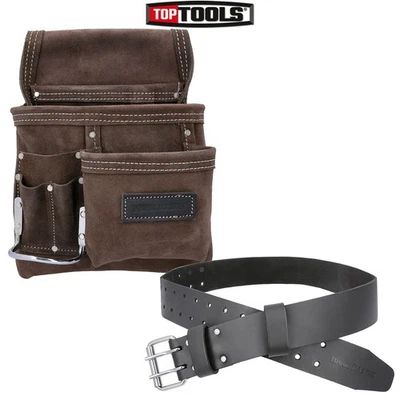 TOUGH MASTER Leather Tool Belt Pouch Nail Pouch with Belt for Screws Fixings