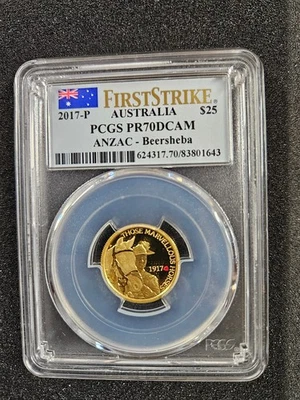 🌟 2017-P Australia $25 1/4 oz .9999 Gold Beersheba Coin PCGS PR70 DCAM ANZAC - Image 1 of 4