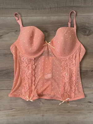 Donna Loren 90s Y2K Peach Mesh Polka Dot Bows Lace Cami Bustier Corset Top 36C - Image 1 of 4