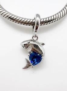 Breloque pendentif requin coeur bleu vie marine océan véritable argent sterling 925 💖 - Photo 1/5