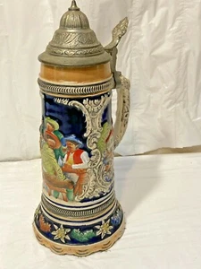 Vtg Hand Painted 11" German Beer Stein w DGBM Pewter Lid Music Box "O Mein Papa" - Picture 1 of 10