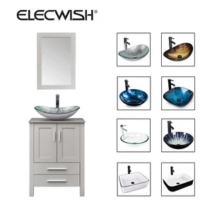 24" Modern Bathroom Vanity Cabinet Vessel Sink Set w/ Drawer Mirror Faucet Drain - Picture 1 of 43