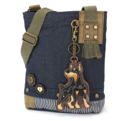 Nuevo Bolso Mensajero Bandolera Parche Chala Lona Denim Azul Marino Perro DOBERMAN Foto 1 de 4