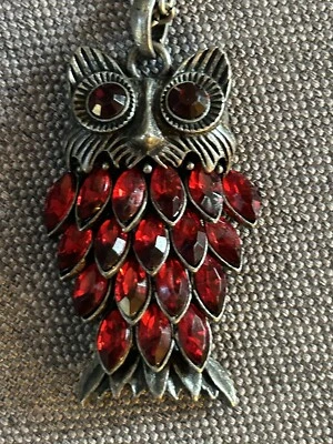 Anthropologie Red Rhinestone Hoot Owl Pendant Necklace Antique Brass 17” Boho - Image 1 of 4