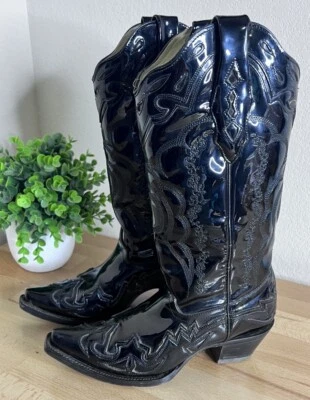 Botas vaqueras occidentales con incrustación de corral bordadas charol punta corta A2203 para mujer 7M Foto 1 de 4