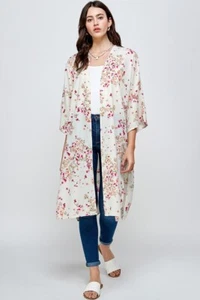 Womens Ivory Floral Kimono Cover Cardigan Size M Casual Beach Summer - Picture 1 of 5