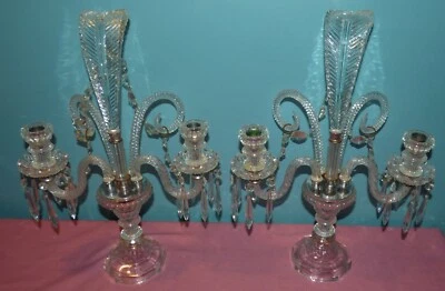 Pair Crystal Candelabras with Prisms & Feather Centerpieces, Antique Art Deco - Image 1 of 4