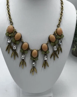 J. CREW Art Deco Muted Jade & Peach Crystal Drop Necklace Bib Princess Style - Image 1 of 4