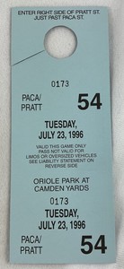 MLB 1996 07/23 Minnesota at Baltimore Orioles Parking Pass-Rafael Palmeiro HR219