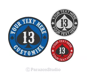 Custom Embroidered Patches - Number 13 Spade Biker Sew on Round Patch - Picture 1 of 11