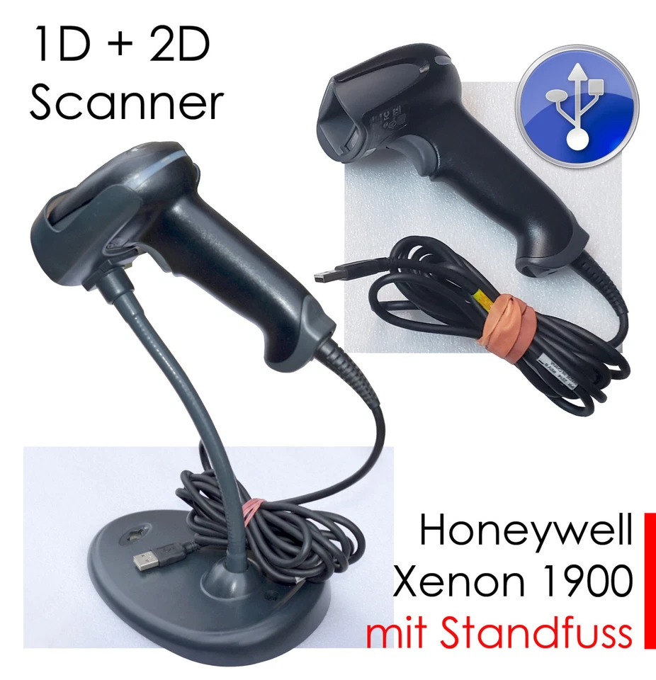 1D 2D USB BARCODE SCANNER HONEYWELL XENON 1900 WINDOWS 7 10 11 +TISCHSTÄNDER #S6 - Bild 1 von 4