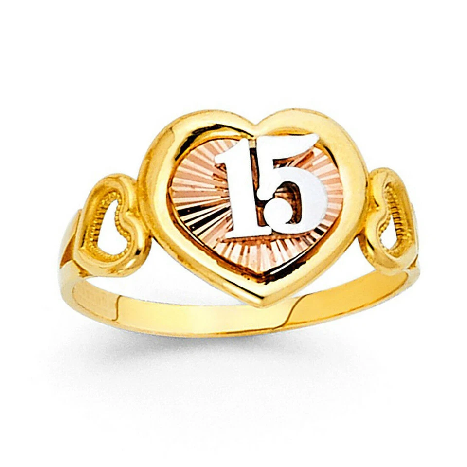 Triple Heart 15 Años Quinceañera 14k Tri Color Gold Ring Corazon Anillo de Oro - Image 1 of 1