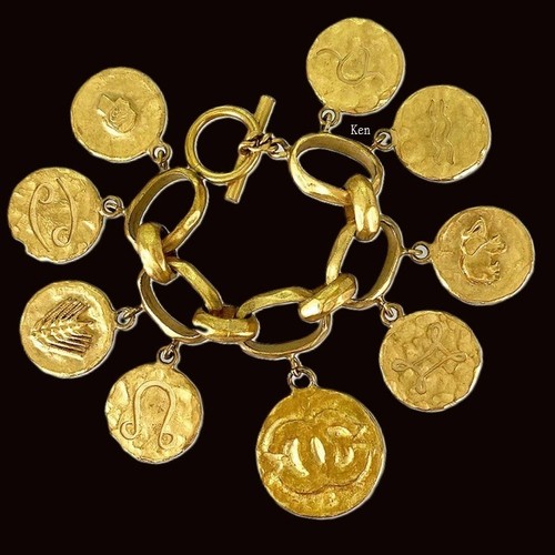 CHANEL Bracciale Nastro Braccialetto AUTENTICO Kenken Coco Mark Tono Oro Logo Catena Moneta GP