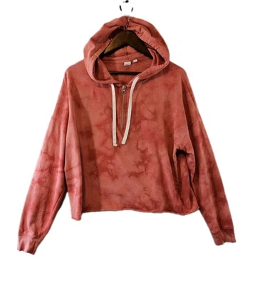 GAP Hoodie Womens Medium Pink Tie Dye Crop Pullover Quarter Zip Drawstring - Image 1 of 4