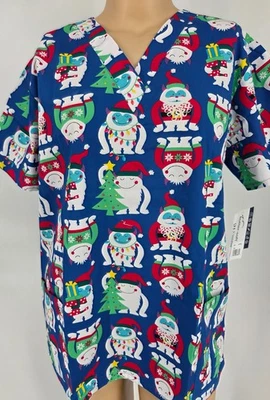 Womens Scrub Top Butter-Soft by UA Cotton Blend Christmas Happy Monster  Holiday - Image 1 of 4