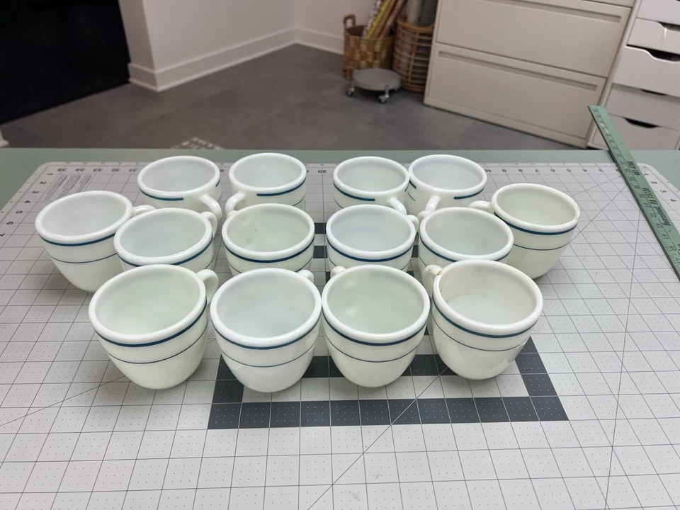 VTG Pyrex Cafe Diner Mug Blue Stripes White Milk Glass 723-37 - Sold Sep! - Image 1 of 4