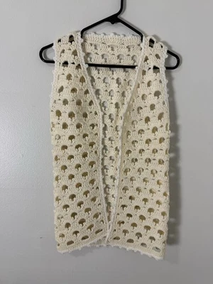 Chaleco Vintage Crema Ganchillo Años 60 70 Hippie Con Cinturón Hilado Borde Blanco Pequeño Foto 1 de 4