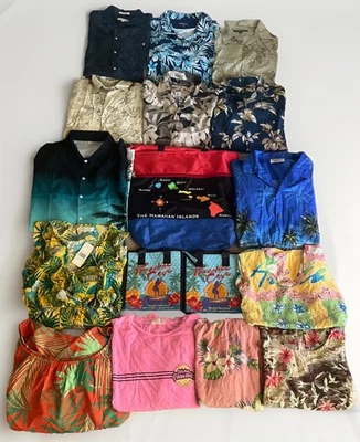 Lot of 17 Casual Hawaiian Shirts Silk Cotton Men Button Women Dress Beach Bag  - Image 1 of 4