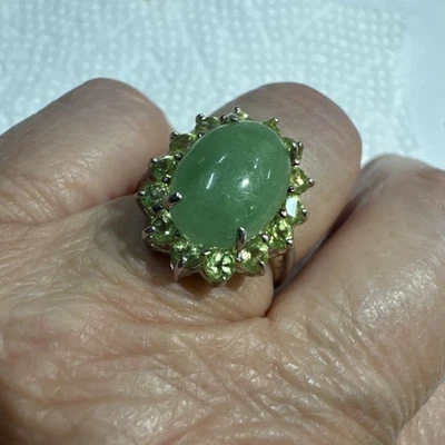 Anillo de plata esterlina 925 genuino de jade y peridoto con halo de piedras preciosas talla 10 Foto 1 de 4